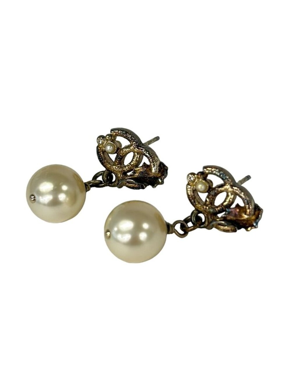 Chanel Earrings Gold Ivory CC Logo Faux Pearl